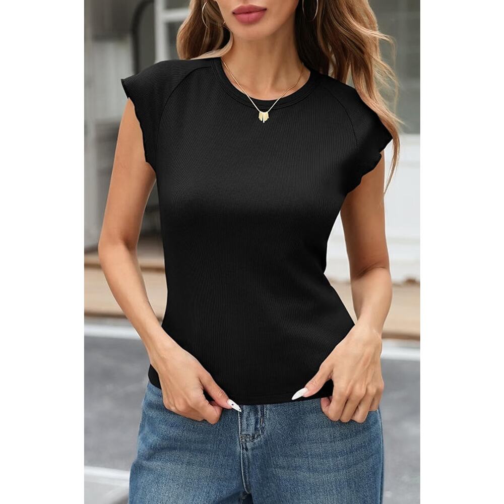 Tankaneo Women Cap Sleeve Crew Neck Ribbed Knit Top Black Medium New - Picture 2 of 6